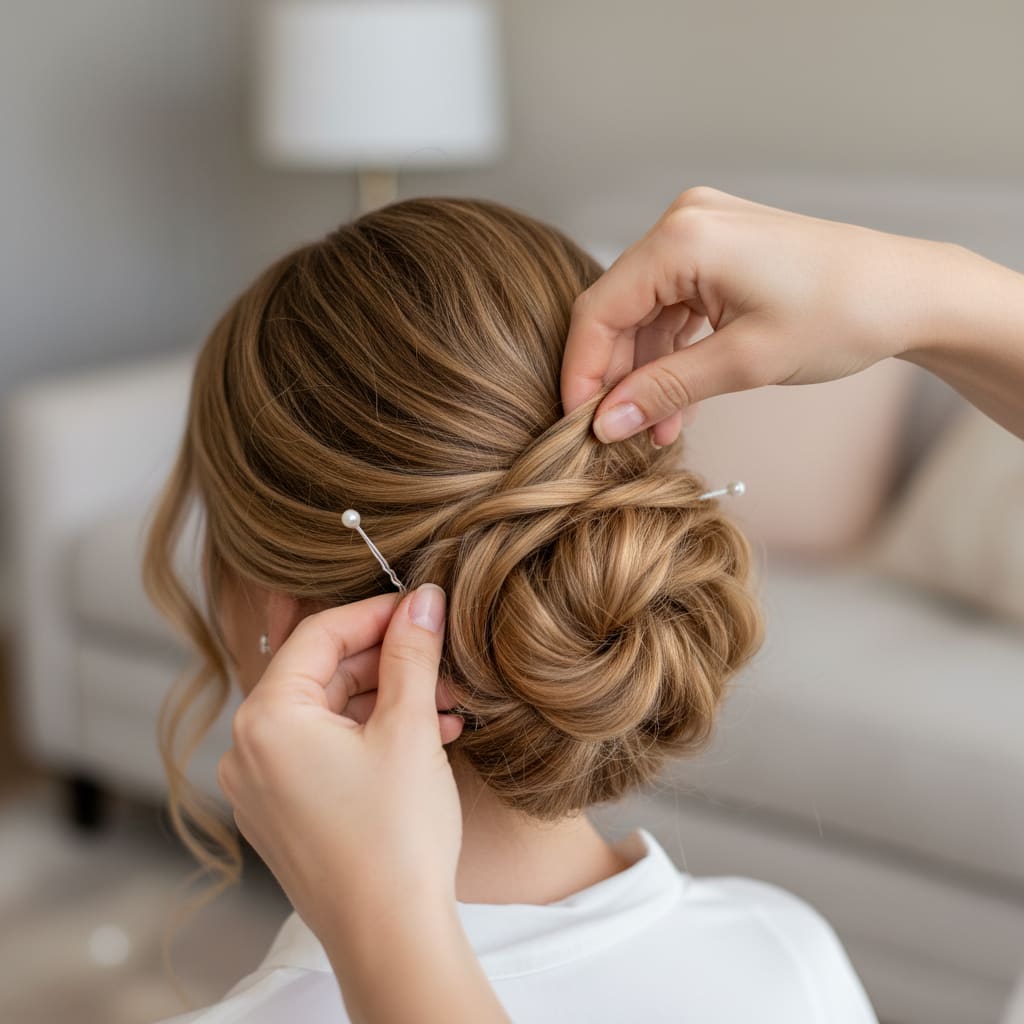 Bridal hair styling in progress