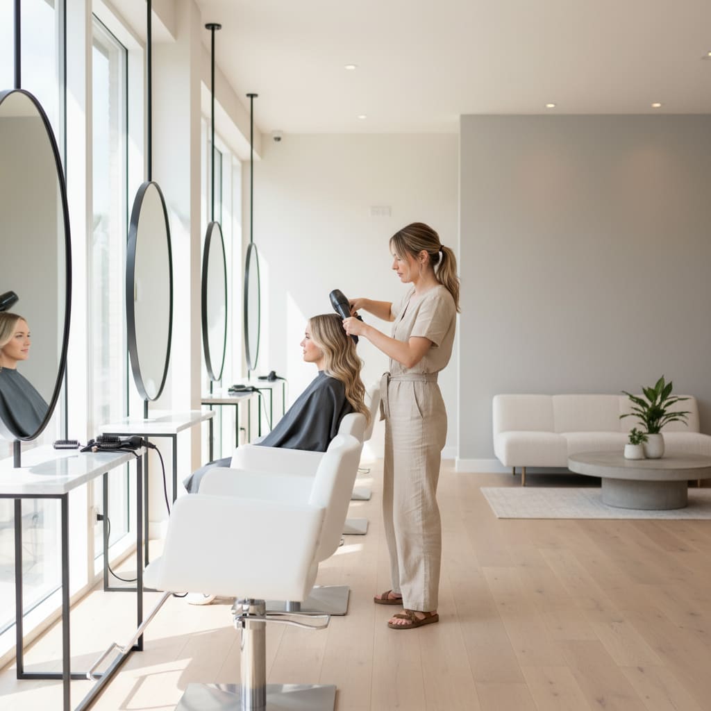 Modern salon interior with stylist working on a client's hair