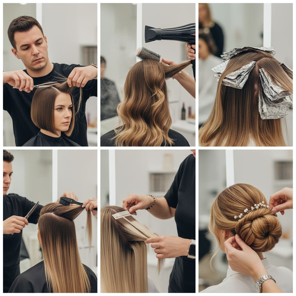 Overview of salon services including haircut, blow-dry, highlights, balayage, extensions, and updo